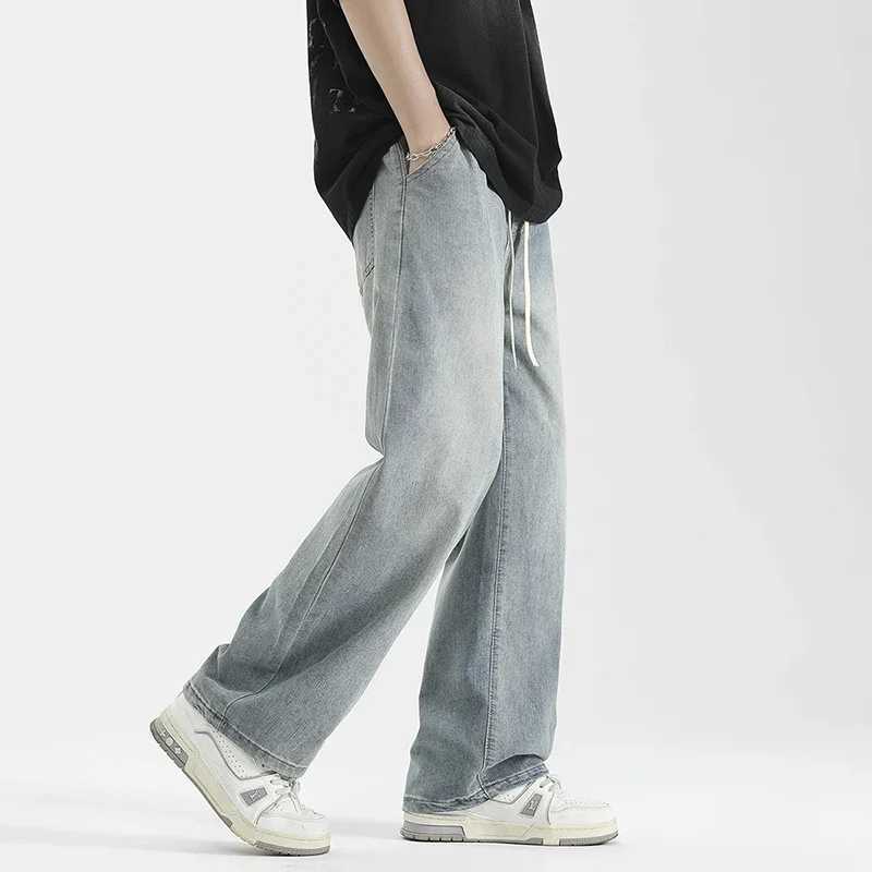 Summer thin mens loose jeans with wide legs fashionable Korean style brushed straight retro washed denim pants streetwear mens TrousersT250319