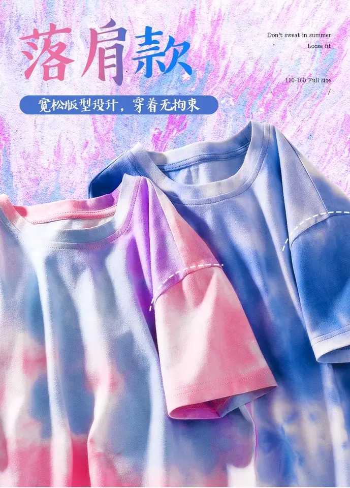 Feather T-shirt for Girls Cotton Kids T-shirt Tie Dye Printed Childrens Casual Clothing Teen Girls Top 6 8 10 12T250320