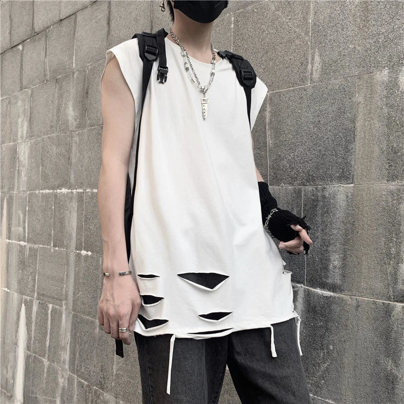 Sleeveless ripped hole mens vest top Korean fashion trend 2xl 3xl super sized full matching inner T-shirt hip-hop punk streetwear 250318