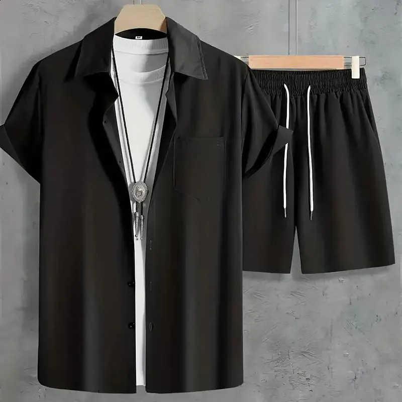 Mens Shirt T-shirt Two-piece Summer Fashion Solid Colour Plus Size Suit Quick-drying Breathable Mens Travel Office Clothing 250319
