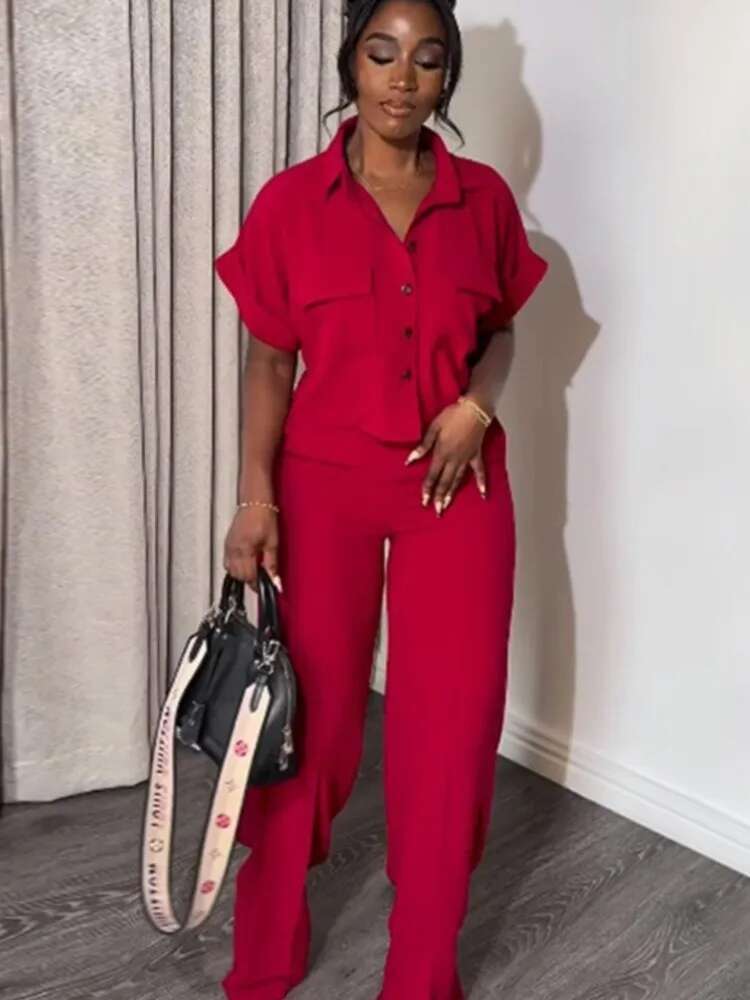 Women's Two Piece Sets Spring Summer Casual Solid Turn-Down Neck Short Sleeve Loose Top & Wide Leg Pants Set Streetwear Outfits