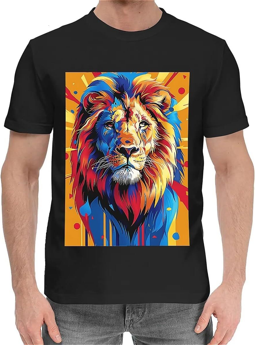 T shirt for Mens Mens Novelty T-Shirts Graphic 2D Print Summer Short Sleeve Colorful Lion Abstract Shirts Tshirt Graphic Tee Casual Tops Clothes Short