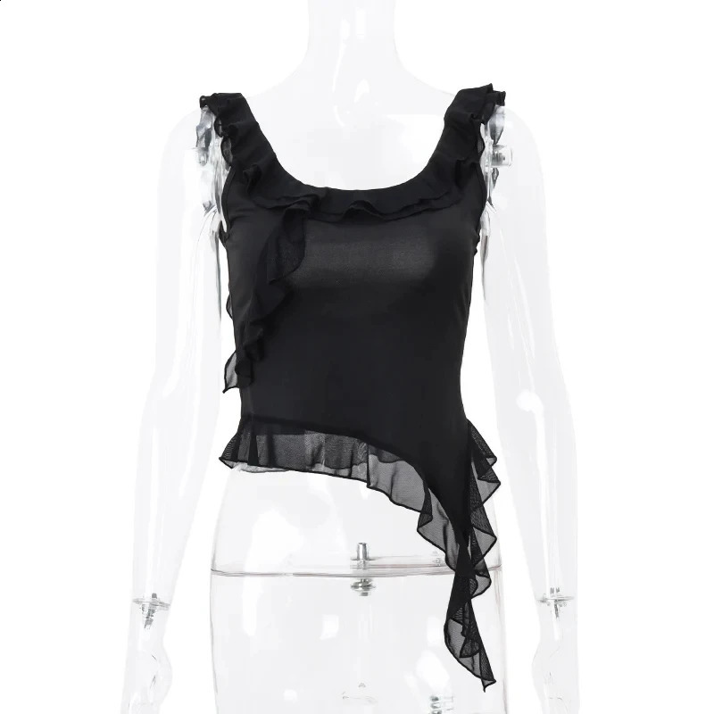 Where Mery Fashion Oneck sleeveless vest Y2K sexy ruffled edge backless irregular 2024 summer casual womens clothing 250319