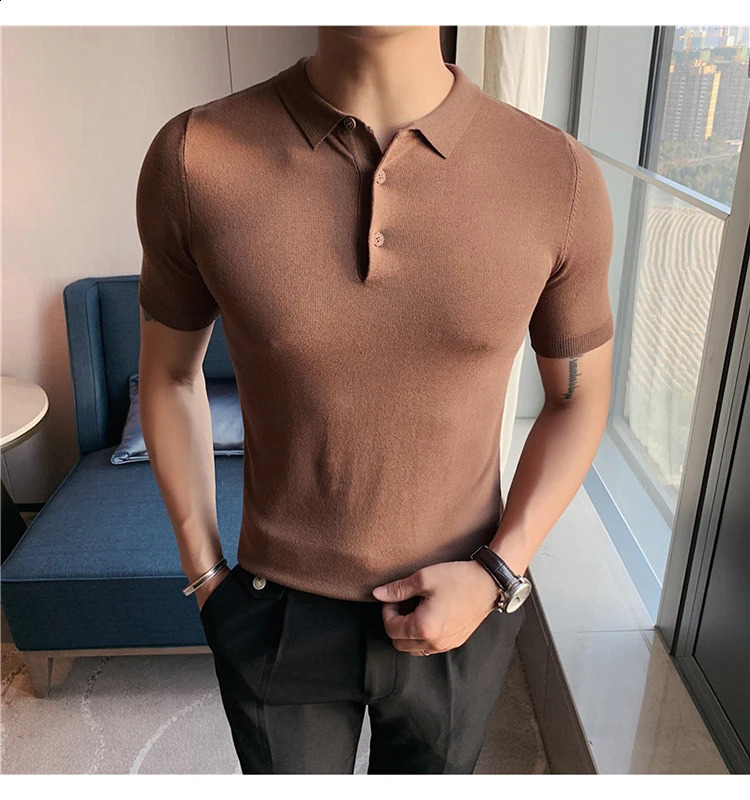 British style summer knitted polo shirt solid color slim fit elastic short sleeved mens business social polo streetwear 250317
