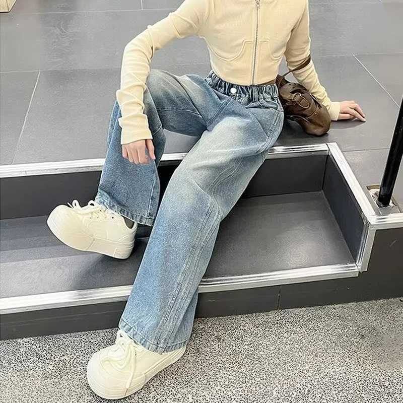 Korean Spring Style Trendy School Girls Retro Jeans Loose Legs Childrens Outdoor Pants Cotton Soft Touch Childrens Cowboy TrousersT2502320