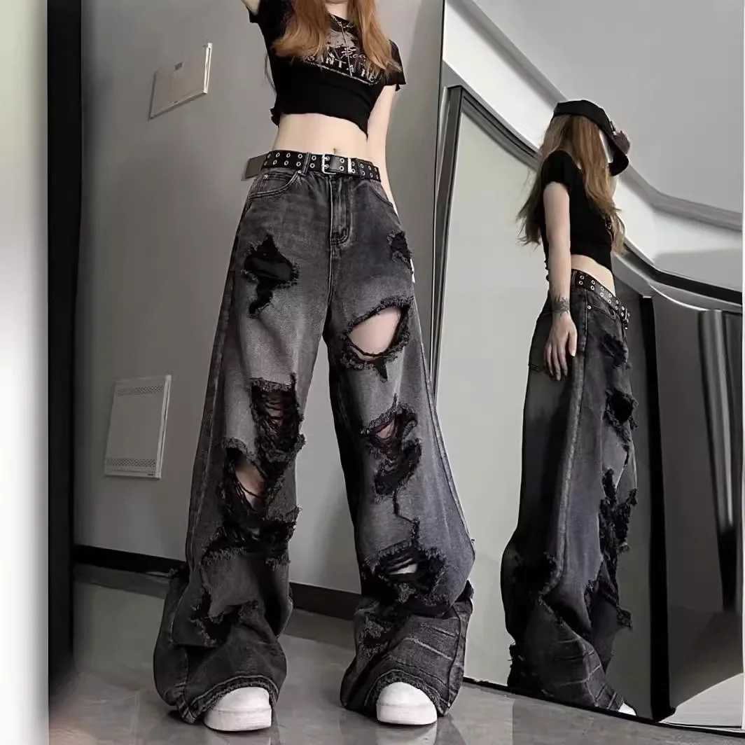 Unique Cool Tear Jeans for Womens Summer Distressed American Bell Bottom Loose Fit Versatile Straight Leg PantsT250326