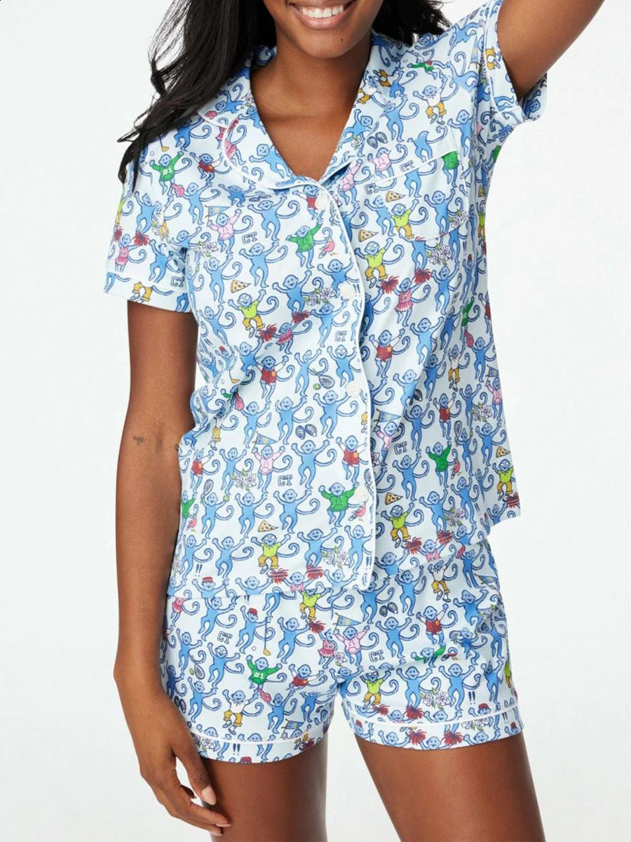 Women Pajama Set 2 Piece Set Monkey Cartoon Print Short Sleeve Button Closure T-Shirt Shorts Home Sleepwear Matching Outfits 250319