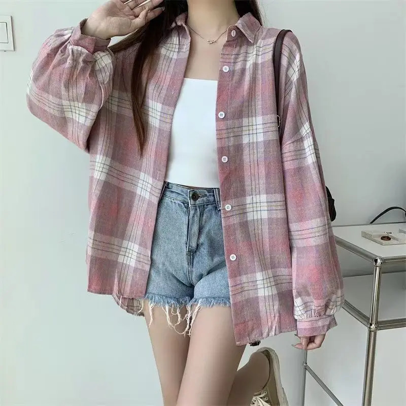 Spring Casual Plaid Shirt Women Long Sleeve Top Female Vintage Single Breasted Blouse Ladyies Preppy Style Loose Check Shirts 250320