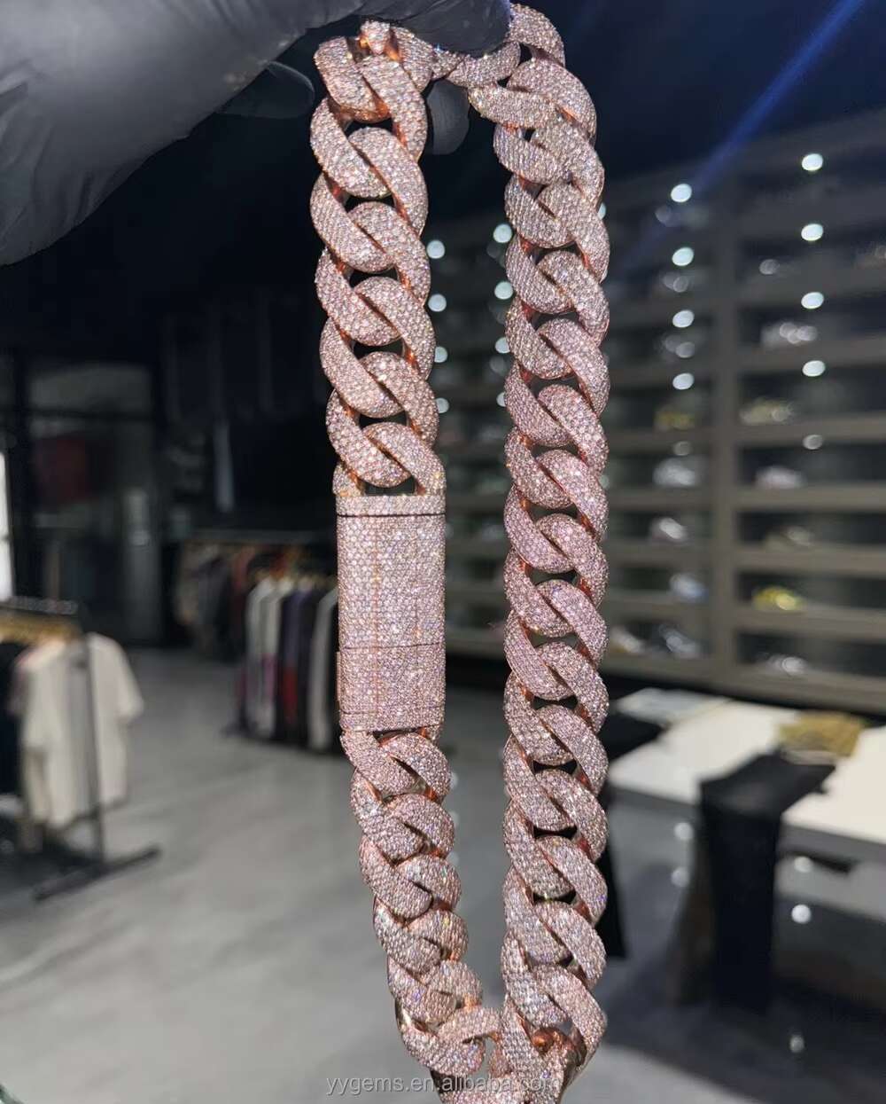 Yu Ying heavy 20mm 22mm men's fully chilled moissanite rose gold and sier Cuban chain necklace hip-hop accessory