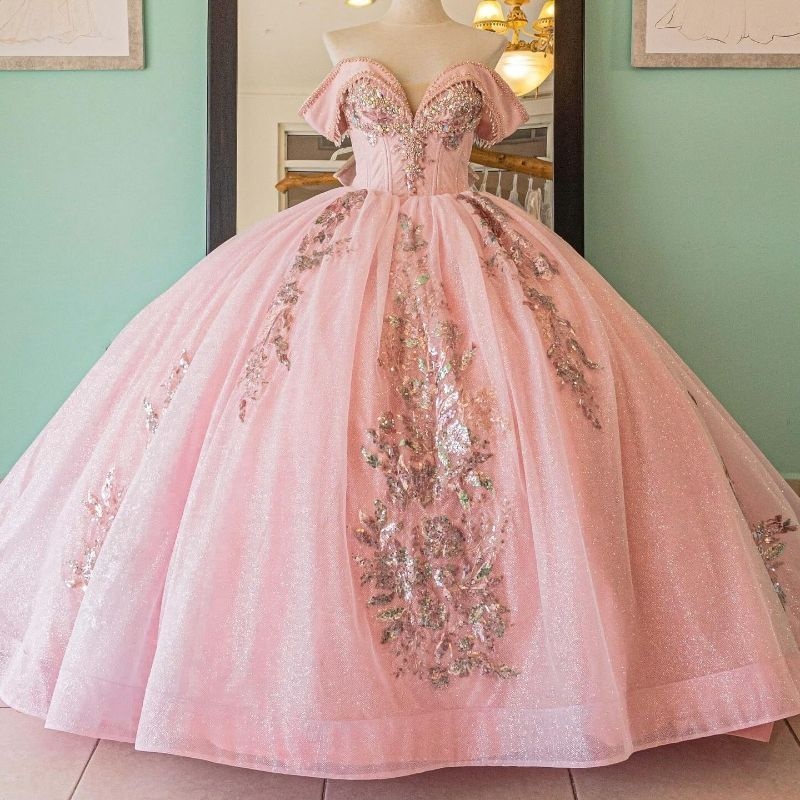 Pink Sparkly Princess Off Shoulder Quinceanera Dresses Sweetheart Sequin Lace Applique Beading Crystal Tull Sweet 16 Ball Gown Vestidos De 15 Anos