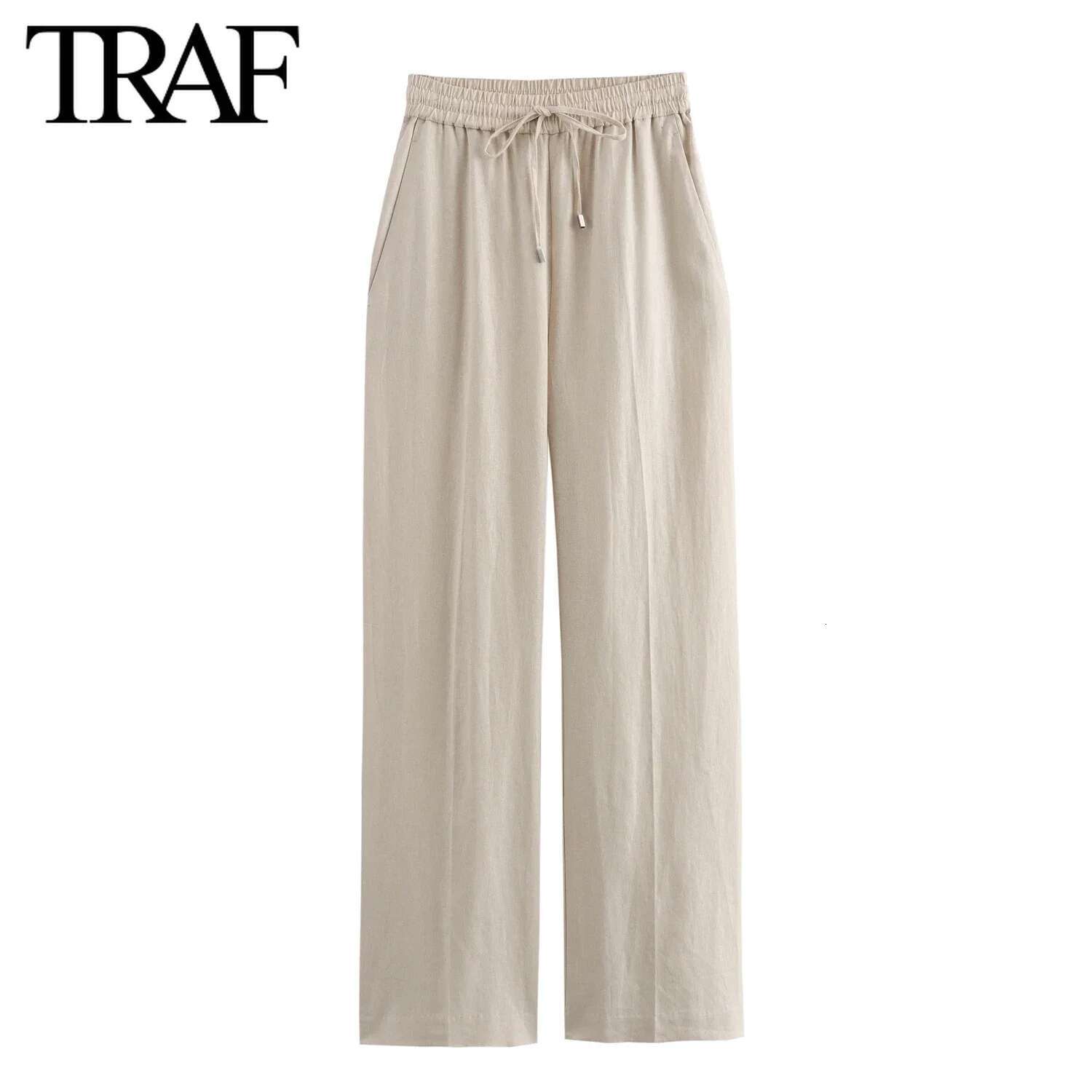 TRAF Women Fashion Spring Summer Lace-Up En Blended Straight Pants Pocket Office Lady Chic High Waist Trousers Mujer