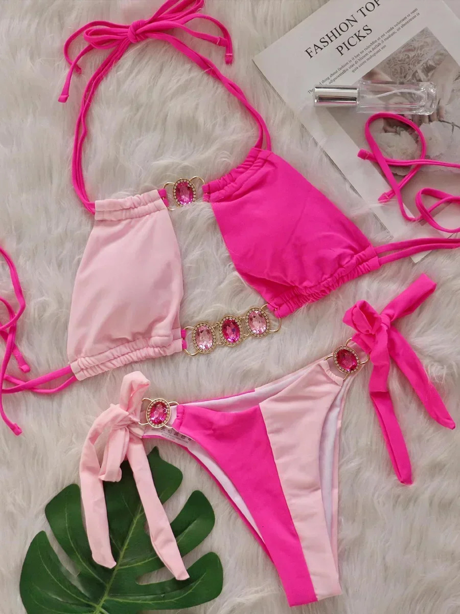 Splicing Halter Jewelled Diamond Bikini 2025 Women Swimsuit Female Swimwear Two Pieces Bikini Set Hollow Out Bathing Suit Swim 250320