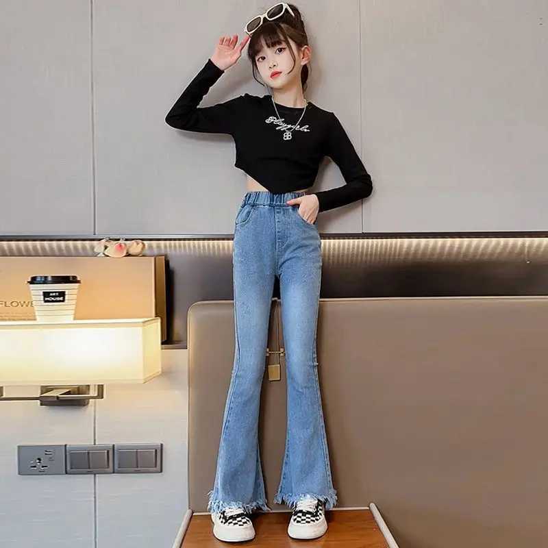Girls Jeans Spring/Outumn Fashion Flared Trouser for Kids Blue Casual Full Match Youth Pants 10 12 14 Years OldT250326