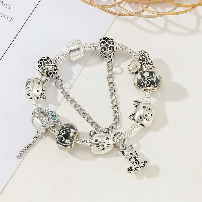 Animal Beads Bracelet With Silver Color Cat Dangle Charm Bracelet Bangle For Women Kids Men Jewelry Gift Dropshipping