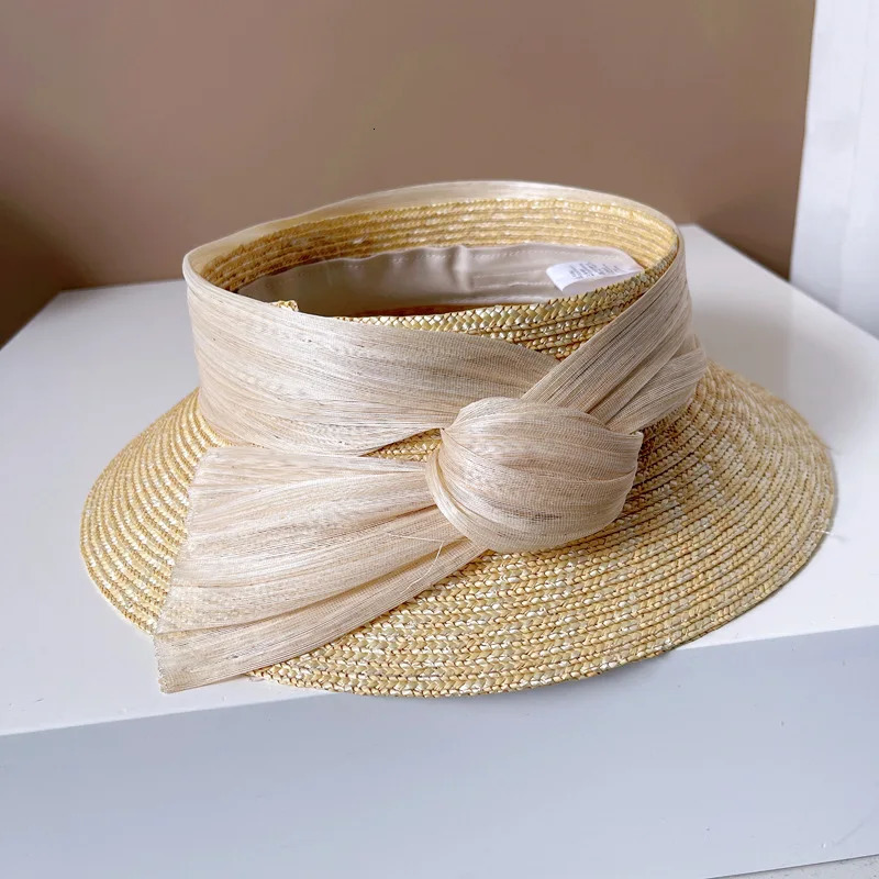 Light silk hemp straw empty top hat womens summer sun protection straw hat fashion retro topless shade basin hat 250320