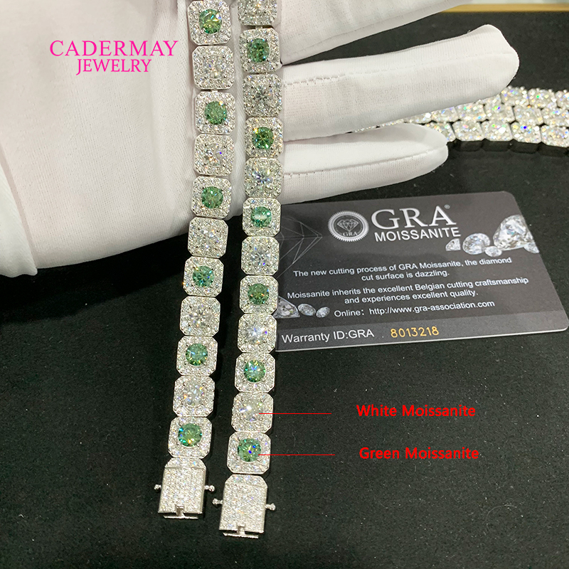 HipHop Jewelry 925silver 10mm Square Clustered Iced Out Green Mixed White Moissanite Bracelet Rock Candy Moissanite Tennis Chain