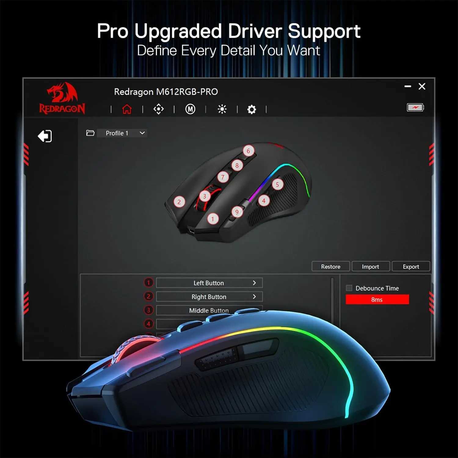 Redragon M612 PRO BT 2.4RGB Gaming Mouse 8000 DPI Wired/Wireless Optical Gamer Mice 11 Programmable Buttons 6 Backlit Modes Z250320