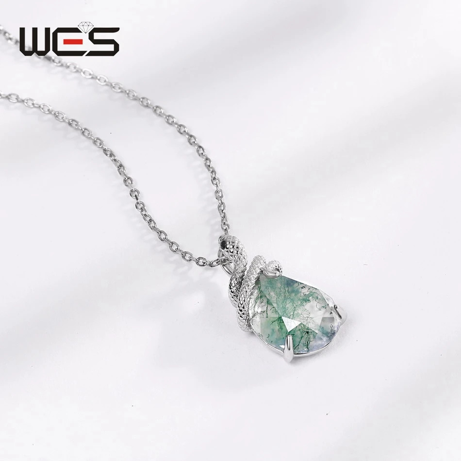 WES 925 Silver Snake Teardrop Natural 10*1m Moss Agate Pendant Necklace for Women Engagement Jewelry Year Gift Wholesale 250318