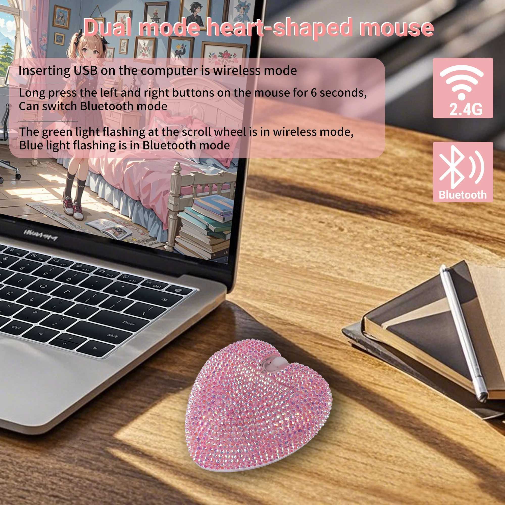 Wireless pink dual-mode diamond heart-shaped mouse C-type charging optical ergonomic mouse for laptop gift girls Z250320