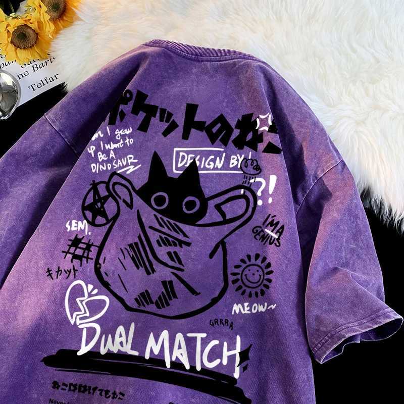Men Women Cartoon T-Shirt Vintage Summer Harajuku Kawaii Cat Print Short Sleeve Tees Couple Streetwear Loose Clothes Cotton TopsT250320