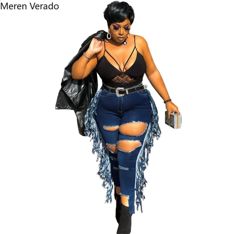 Meren Verado XL-5XL Washed Plus Size Women High Waist Hole Side Tassel Sexy Streer Jeans Women Autumn Denim Pencil Long Pants 250319