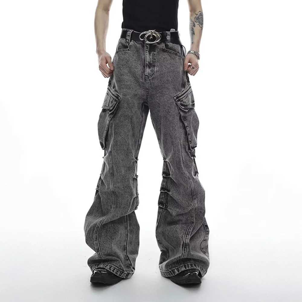 Mens Y2k washed hazardous workwear jeans street style large pockets side wrinkles teenage trend personalized straight jeans 2024 new modelT250319