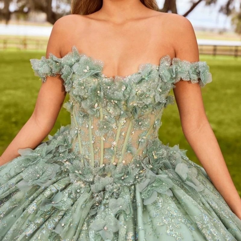 Mint Green Quinceanera Dresses Ball Gown Charming Sequin Lace Beaded Flower Tull Corset Off Shoulder Sweet 16 Dress Lace-up Vestidos 15 De Anos
