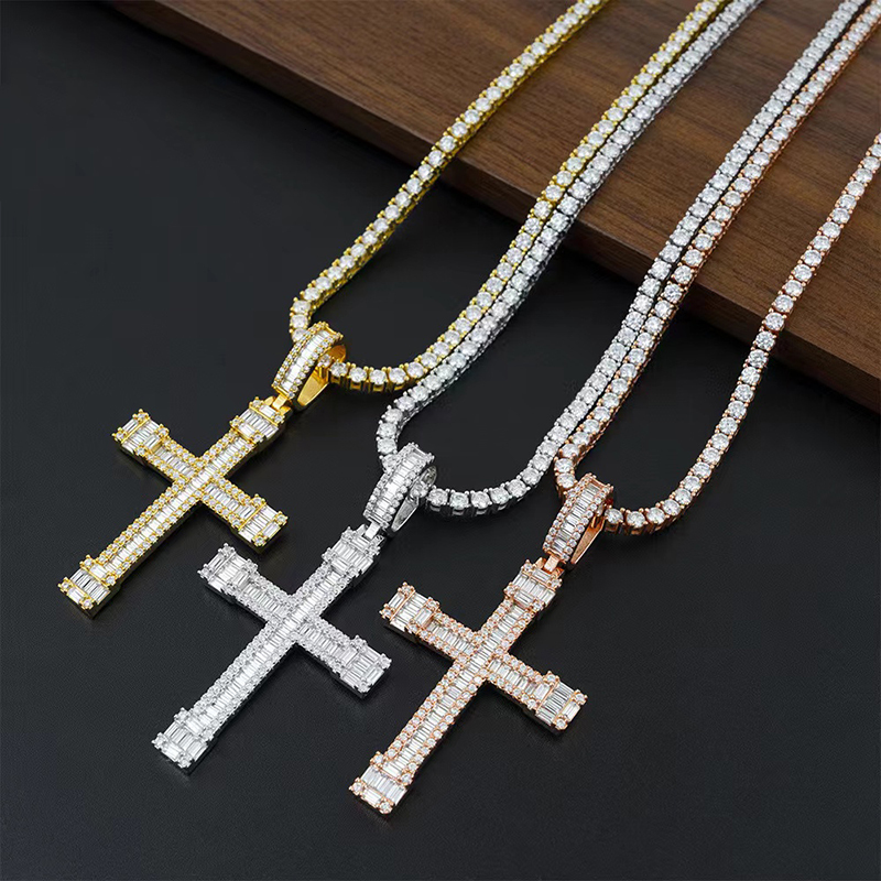 Iced Moissanite Cross Pendant Hiphop 925 Silver Rectangle D Color Moissanite Diamond Pendant Women Men Ins Handmade Jewelry Gift
