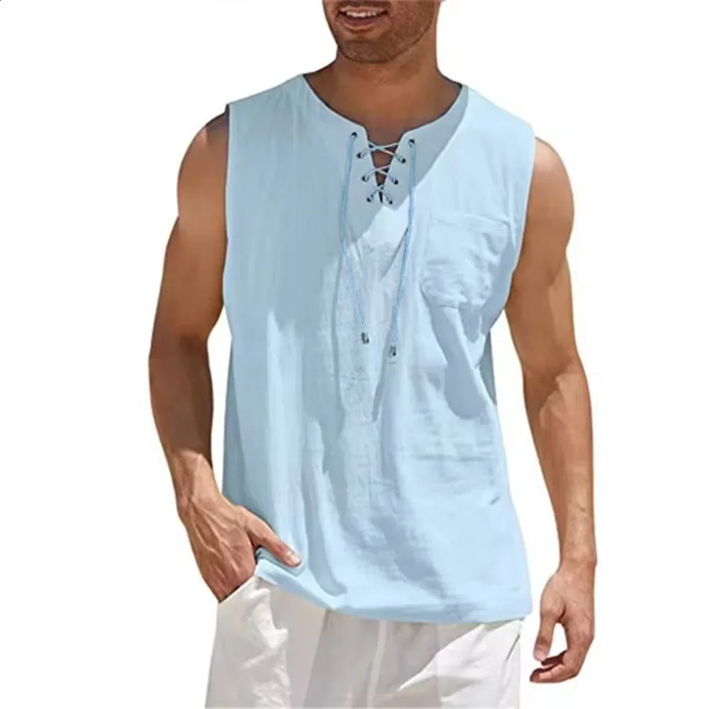 Cotton Linen Shirts Mens Casual Sleeveless Vest Lace Up Retro V Neck Tank Tops Loose Shirt Male Solid Color Clothes 250319