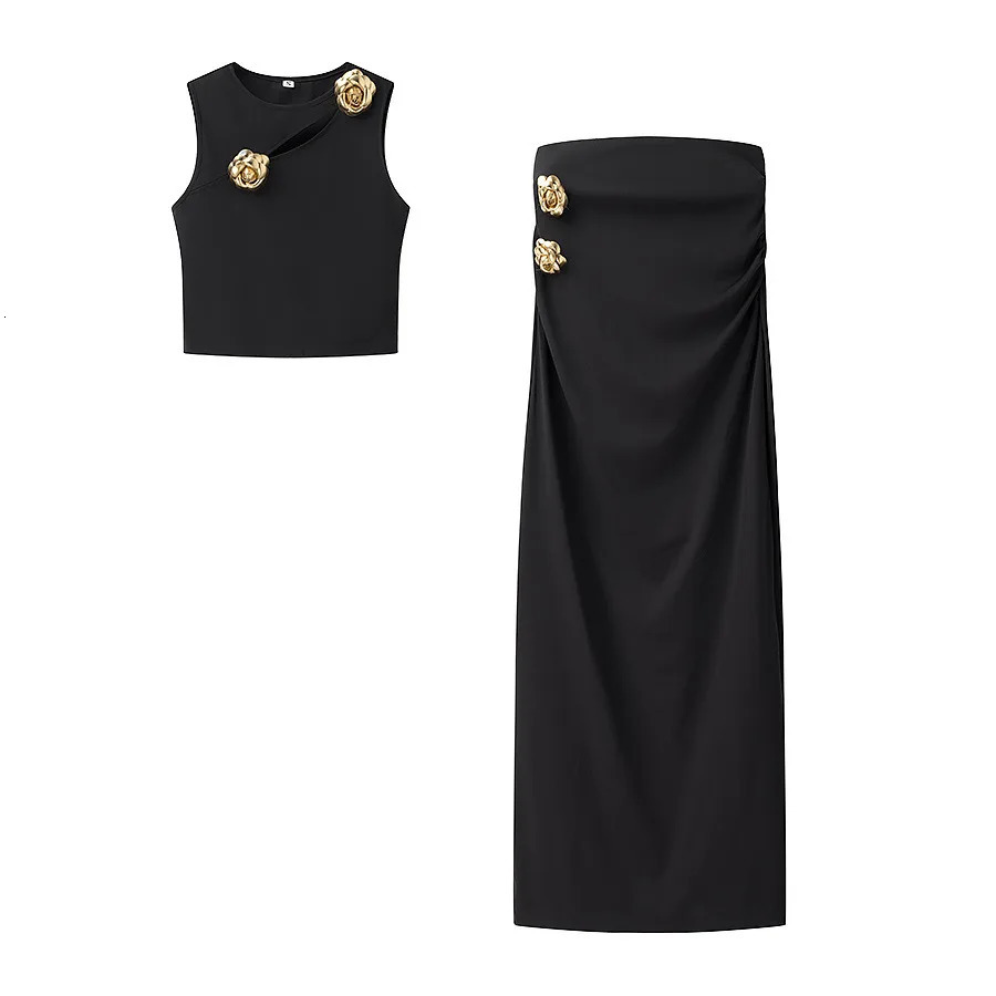 ZBZA Womens Flower Decoration Top Round Neck Sleeveless Vest High Waist Zipper Slit Midi Skirt Spring and Summer Chic Suit 250320