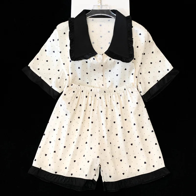 Summer Ladies Ins Cute Doll Collar Polka Dot Love Print Pajamas Loungewear Set Ice Silk Short Sleeve Short Pants Leisure Suit 250320