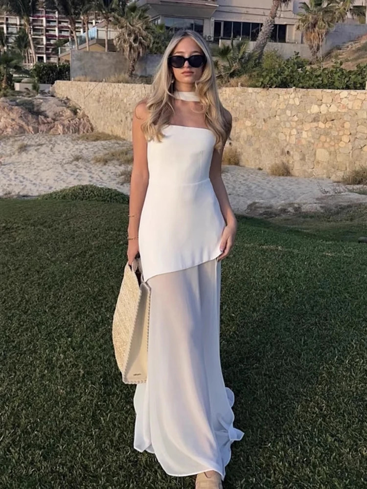 TARUXY Fashion Strapless Dress With Ribbon Female Elegant Sleeveless Mesh Beach Vacation Long Dress Spring Women Dress 250319