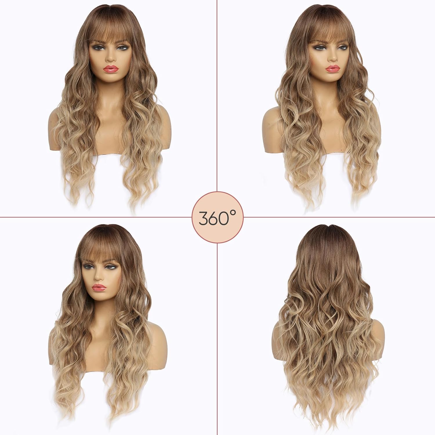 Long Ombre Blonde Wavy Wig with Bangs for White Women Dirty Blonde Natural Looking Female Wigs With Dark Roots Synthetic Fiber Hair Wig for Daily Part