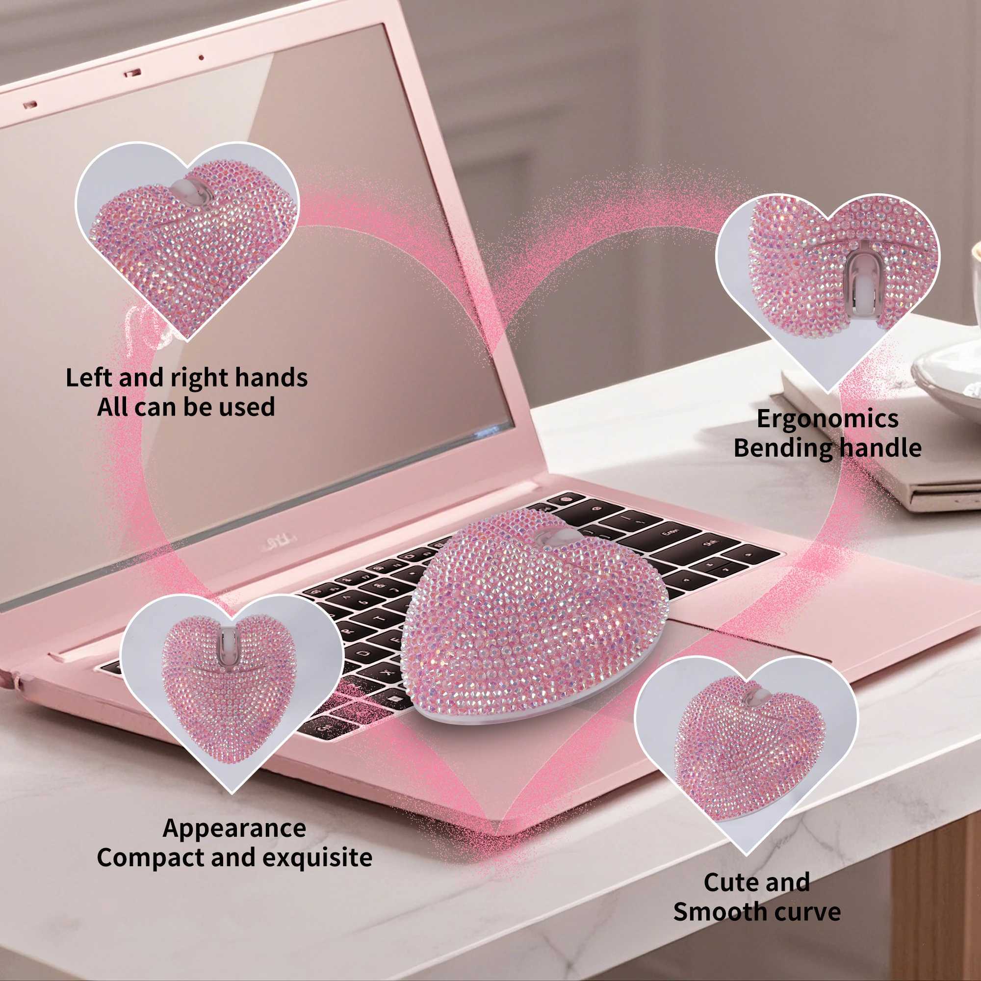 Wireless pink dual-mode diamond heart-shaped mouse C-type charging optical ergonomic mouse for laptop gift girls Z250320