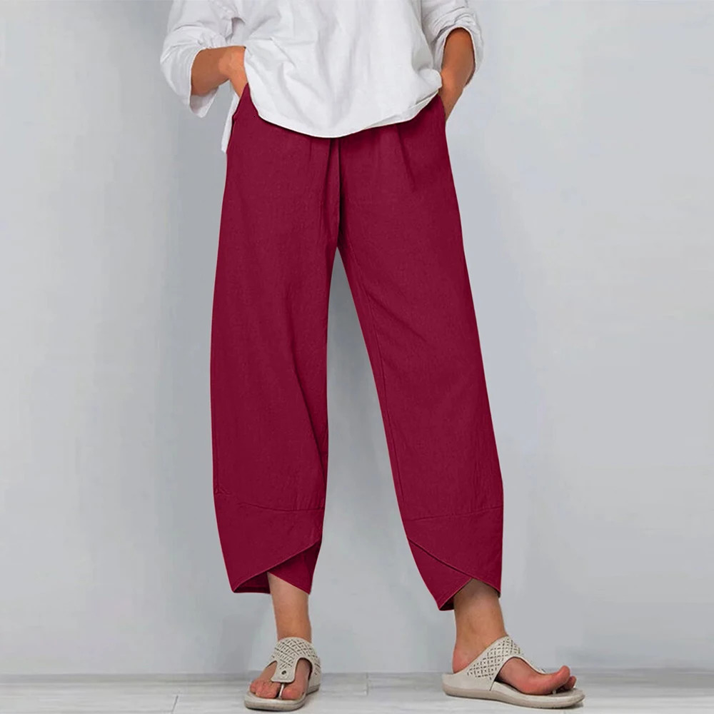 Women Cotton Linen Harem Pants Vintage Printed Wide Leg Trousers Casual Solid Pockets Harajuku High Waist Baggy Pants Joggers 250320