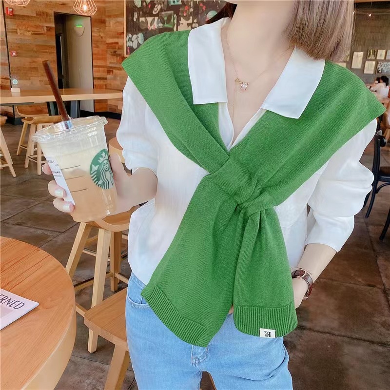 K183 Internet celebrity knitted outerwear cross-shoulder shawl female Korean solid color scarf air conditioning shoulder interspersed waistcoat fake c