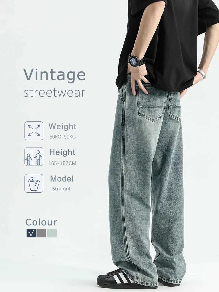 90% pure cotton jeans mens 2024 new retro street pants loose casual soft mens brand clothing denim TrousersT250319