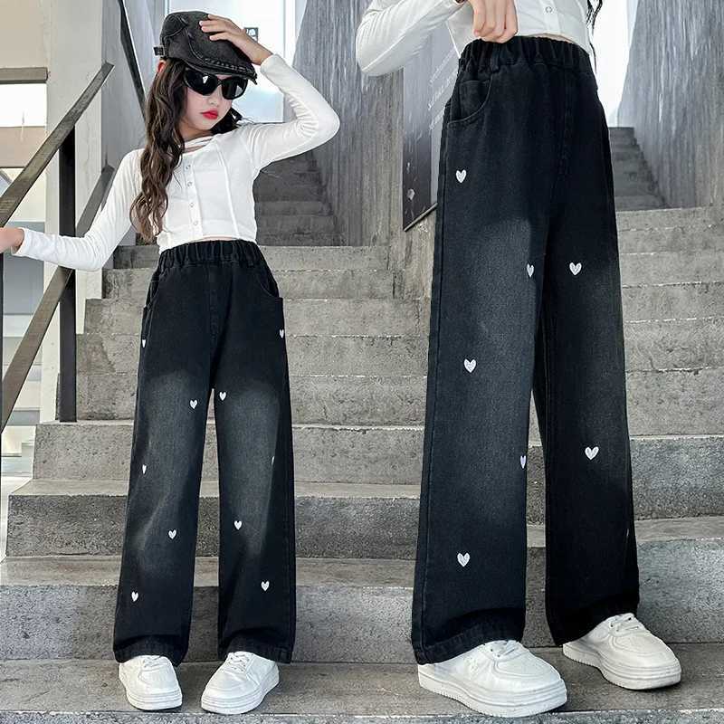 New Fashion Teen Girls Cowboy Wide Leg Pants Children Trousers Spring and Autumn Love Pattern Girls Jeans 5-14 Year Old Childrens ClothingT2502320