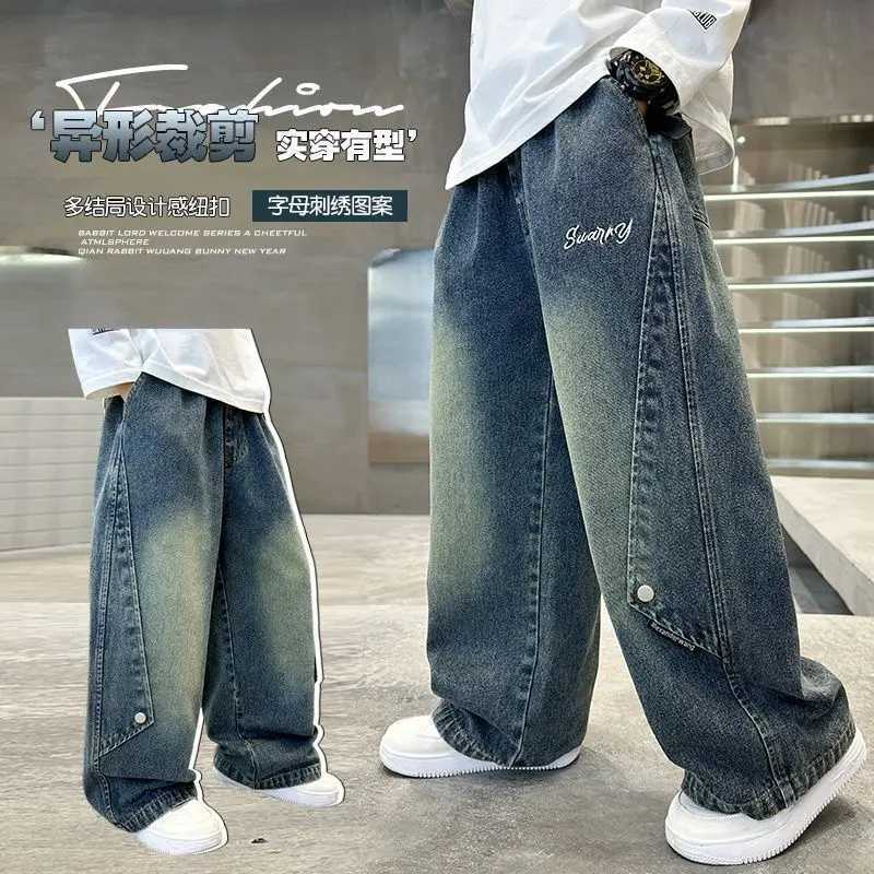Teenage boys cargo jeans for spring and autumn new childrens wide leg denim pants large childrens straight spring jeans A78T250326
