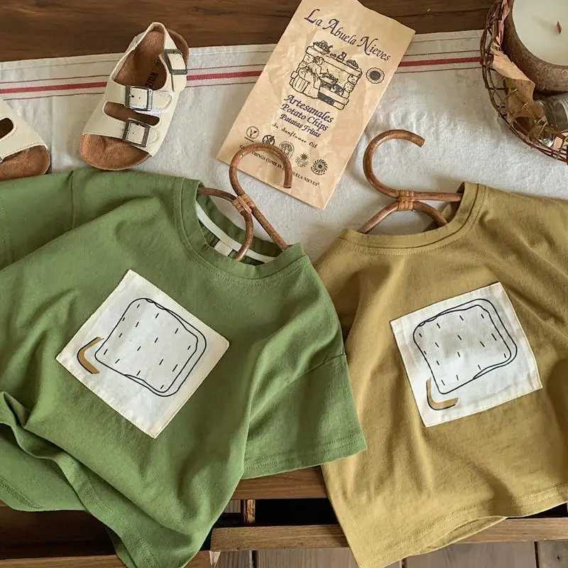 Childrens Short sleeved T-shirt 2025 Summer New Cotton Baby Boys and Girls Casual Patch Youth Loose Casual Top Childrens ClothingT250320