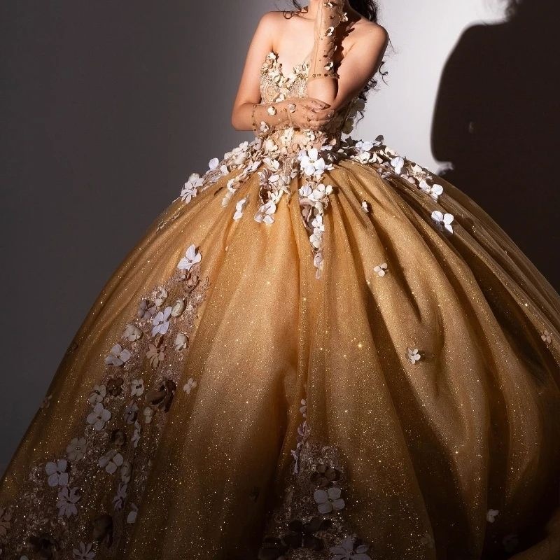 Champagne Shiny Quinceanera Dresses Off Shoulder Appliqued Flower Beads Ball Gown Princess Party Birthday Vestidos De 15 Anos Sweet 16 Dress