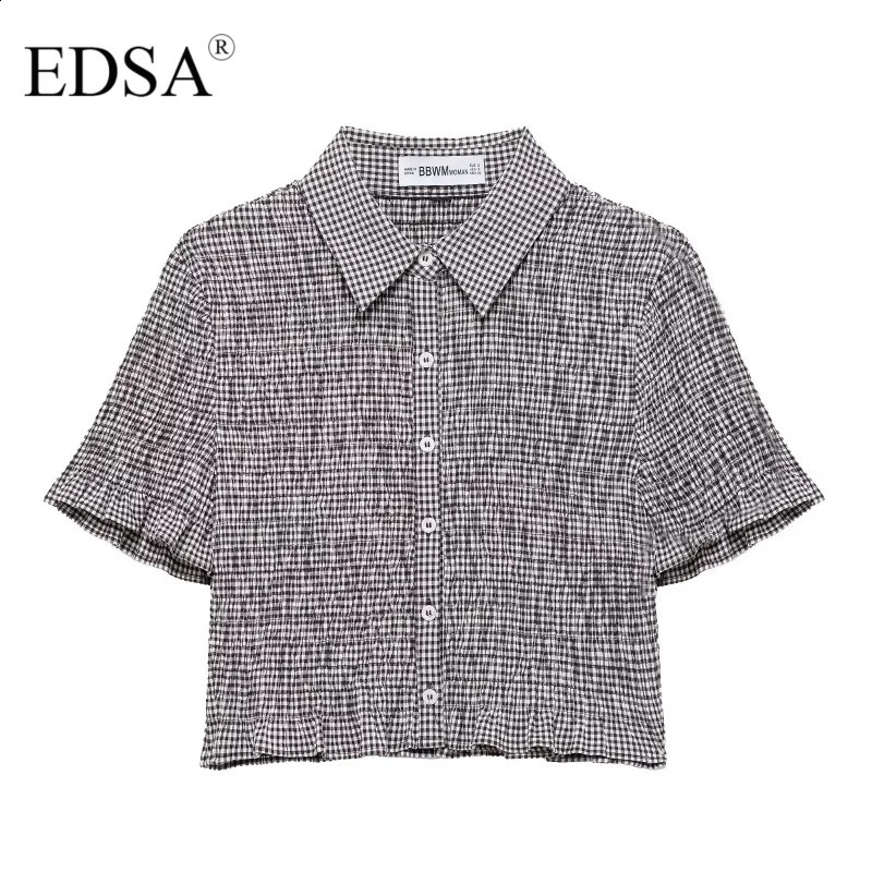 EDSA Womens Cutting Ginkgo Blouse Short Sleeve Ruffle Decorative Button Front Casual Collar Top 250319