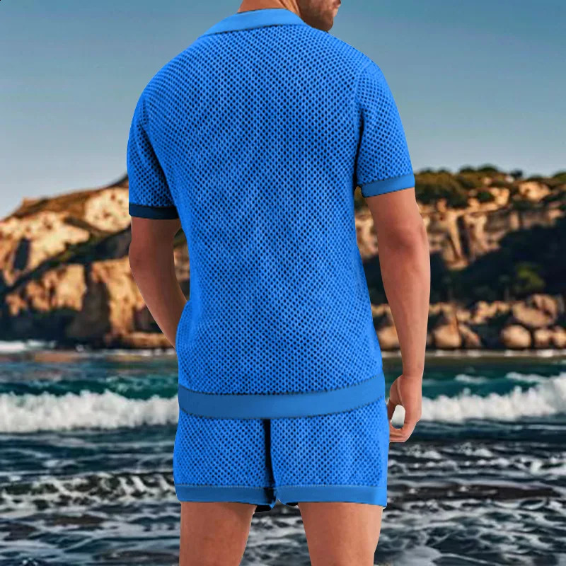 mesh breathable cold casual set thin mens short sleeved two-piece set 250314