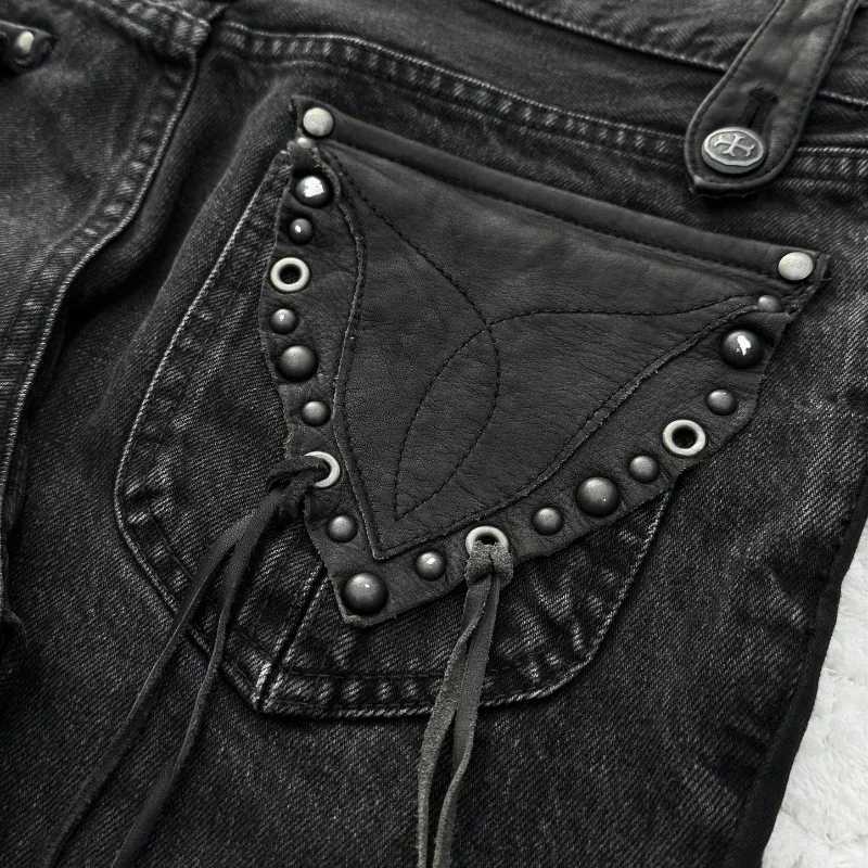 Y2K baggy Jeans Black Vintage Cross Leather Detail Punk Flared Jeans Gothic Streetwear Harajuku men women Casual wide leg jeansT250319
