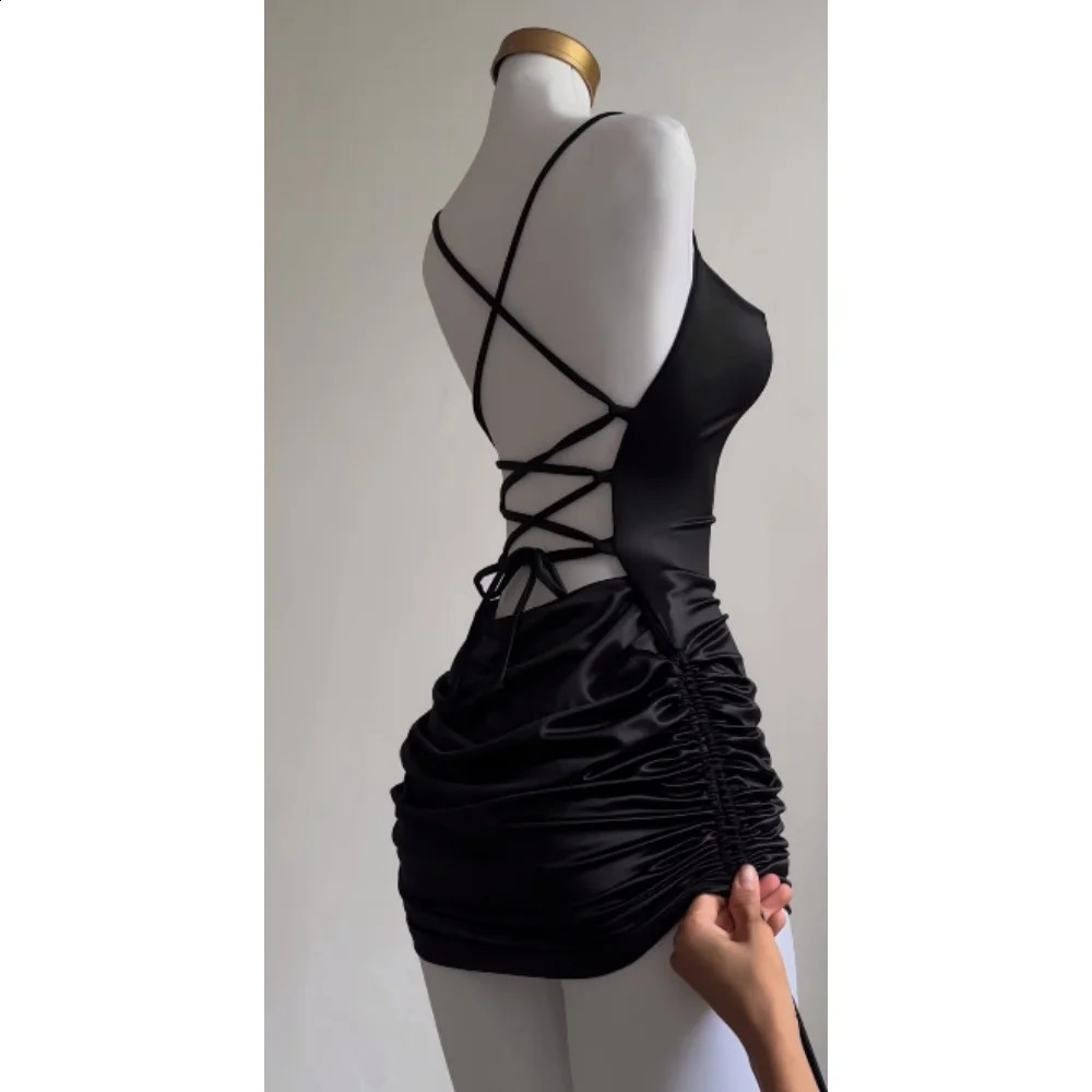 Lace backless sleeveless non slip dress club party black sexy short skirt street shirt Harajuku Y2K retro 250319