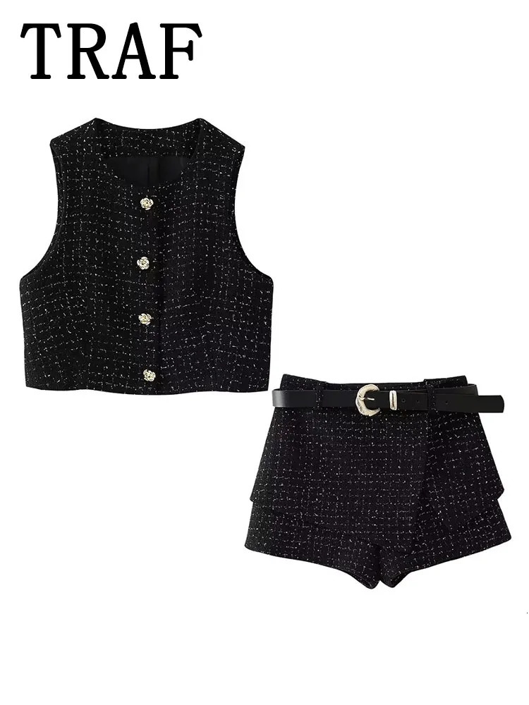 Belt Short Skirts Sets for Women 2 Pieces 2024 Fashion Tweed Vest Coat Casual Womens Suit Two Piece Set Outfit 250320