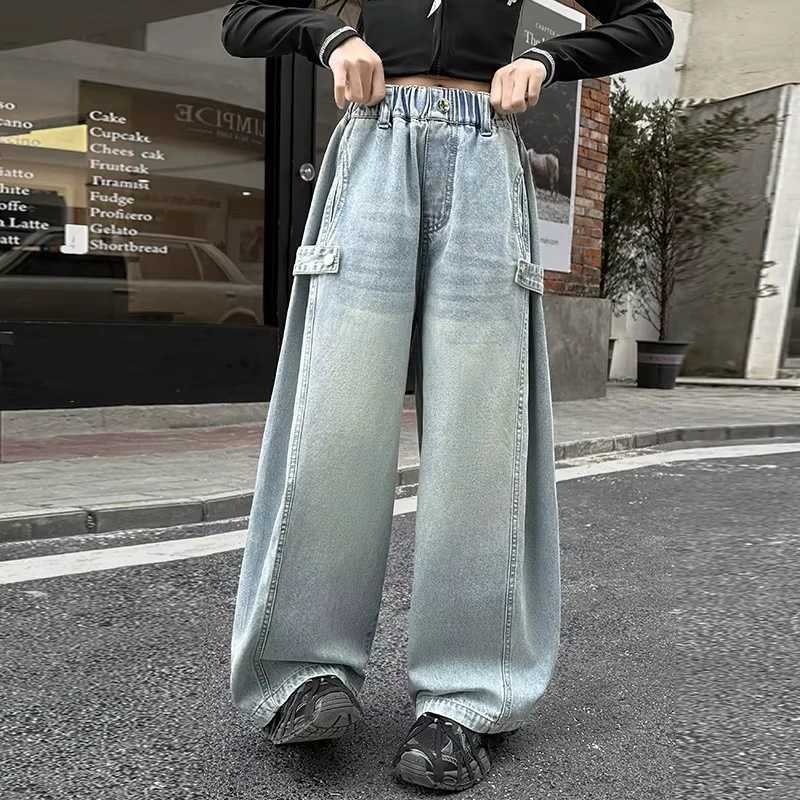 Spring New Teen Girls jeans high waisted wide leg pants casual style Trouser clothing loose fit for children Korean blue jeansT250326