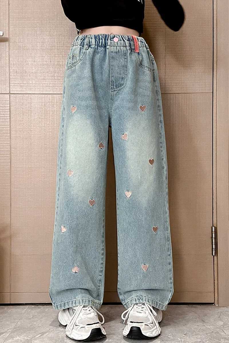 2024 Spring/Summer Girls Versatile Love Metal Buckle Wide Leg Pants Pocket Jeans Elastic Waist Pants 1-6 Years OldT250326