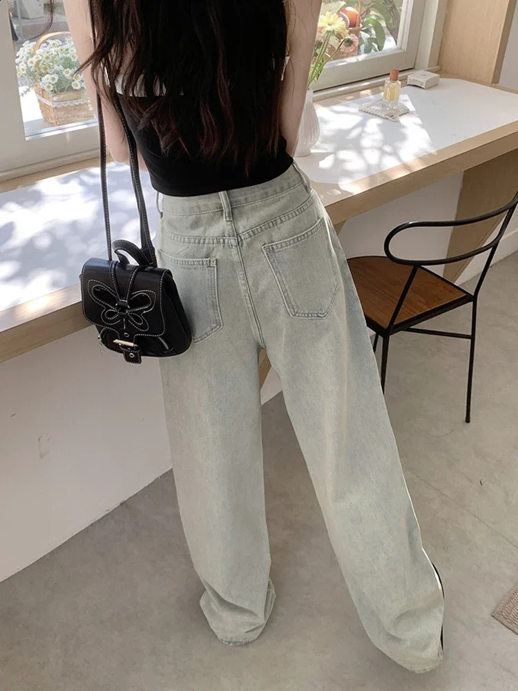 Women Rhinestone Embroidered Letter Wide-Leg Jeans Spring High Waist Loose and Slimming Straight Mopping Pants 250319