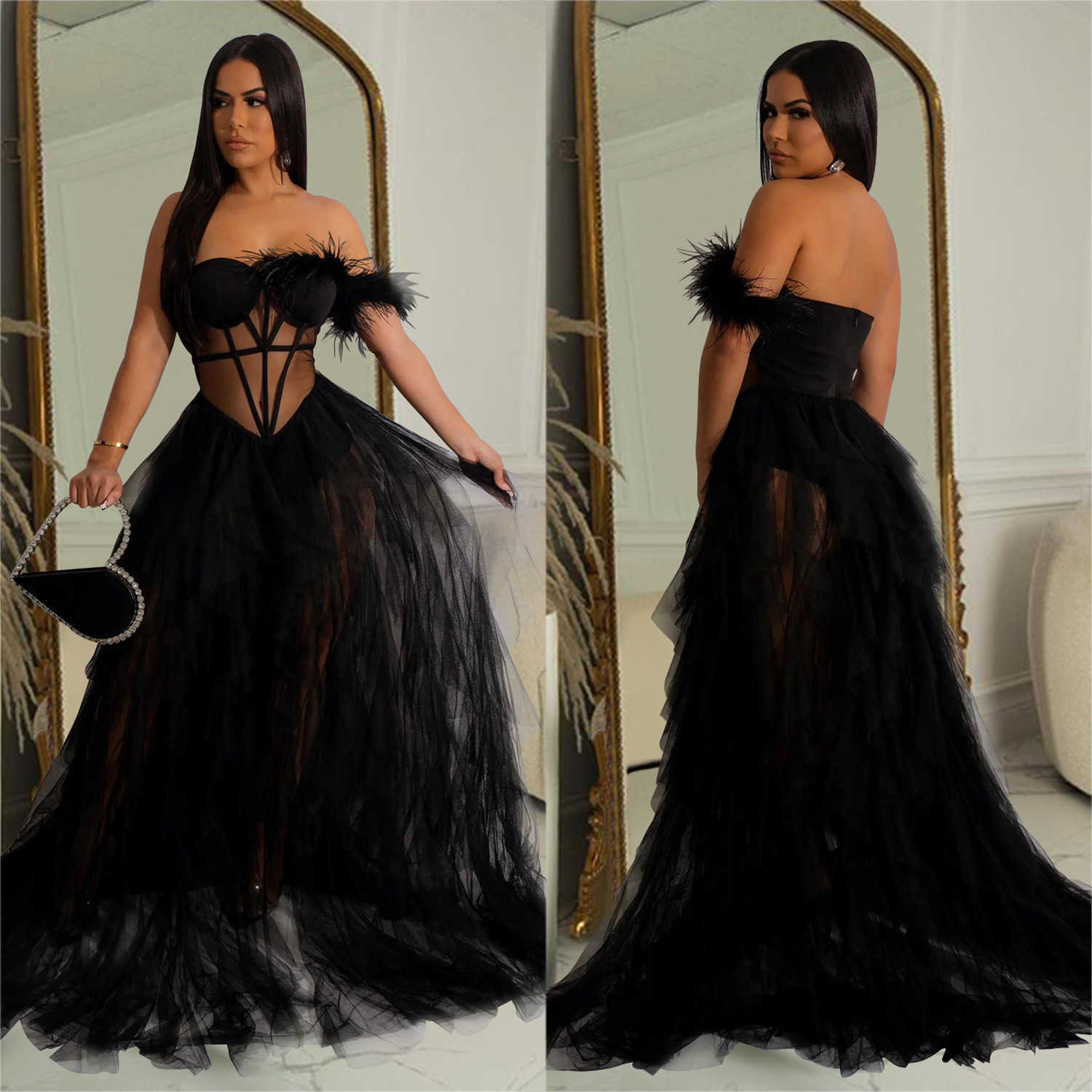 Fashion Women's Solid Sleeveless Wrapped Chest Mesh Long Dress 250315